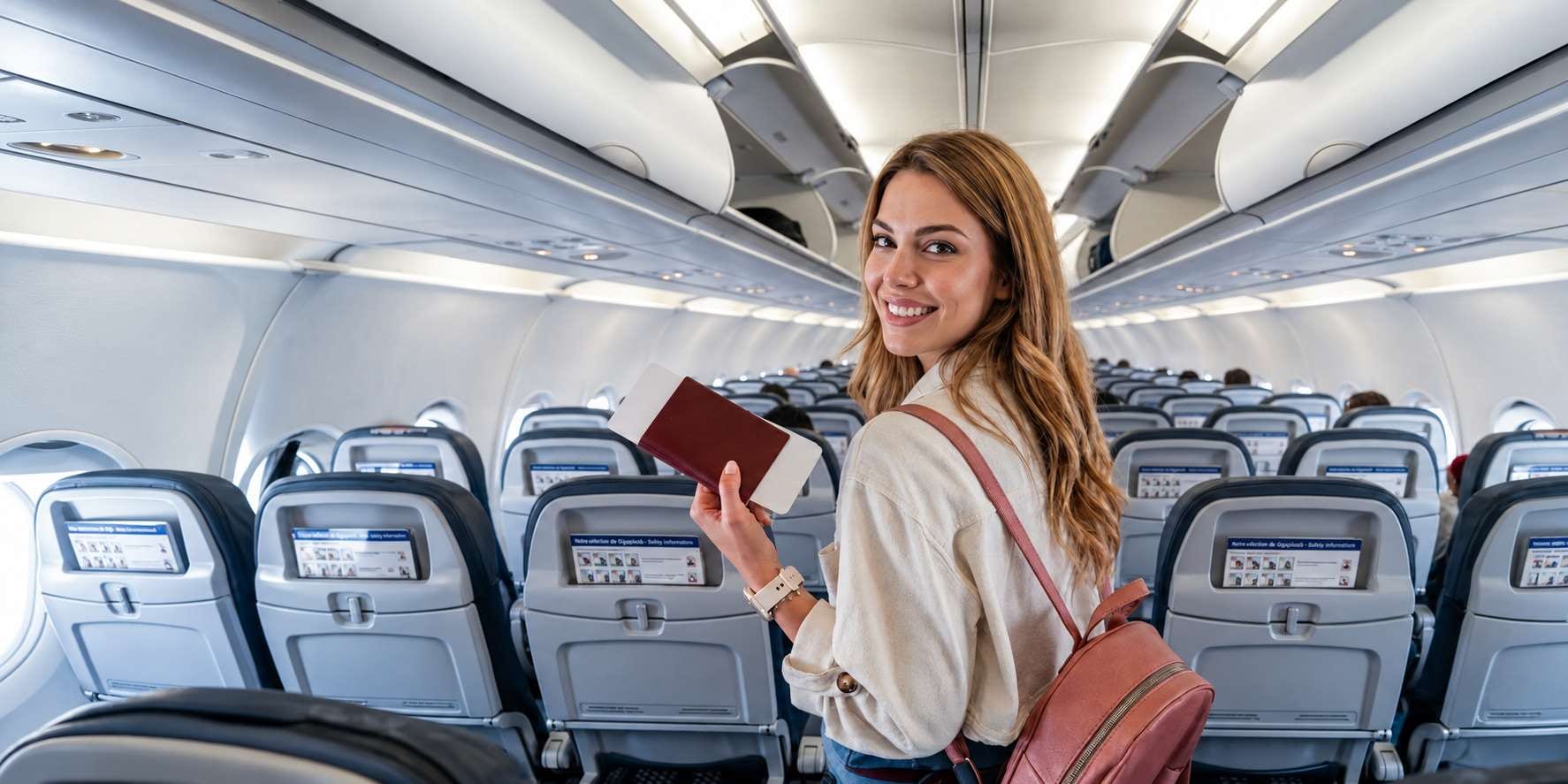 Traveler holding a passport in an airplane cabin